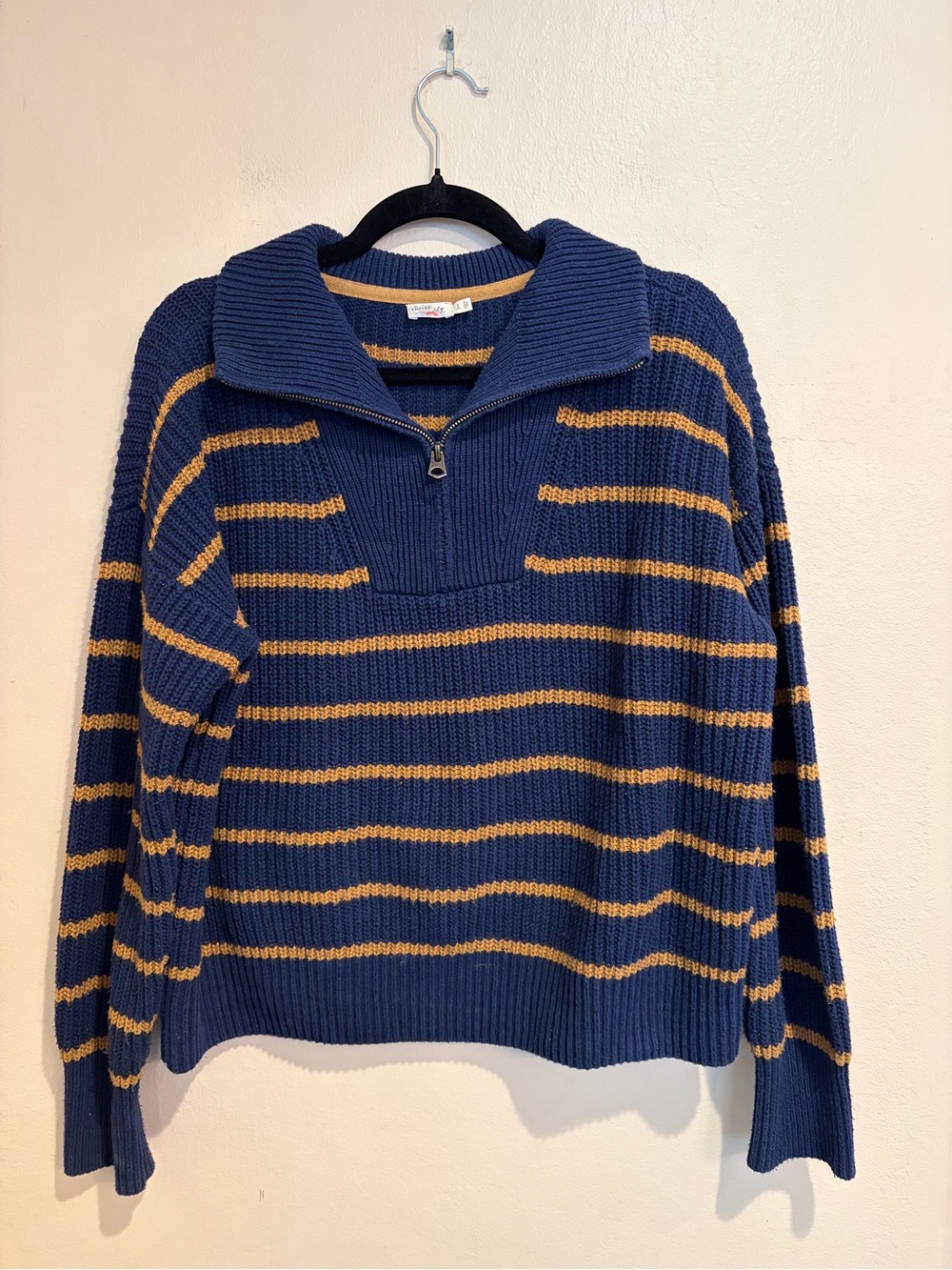 Faherty Navy & Mustard Striped Half-Zip Pullover Sweater, Organic Cotton Blend